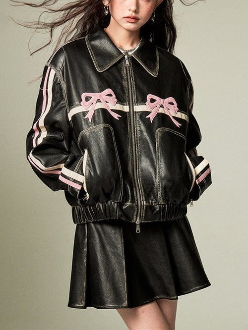 Drune | Bowknot Zip Up Lederjacke