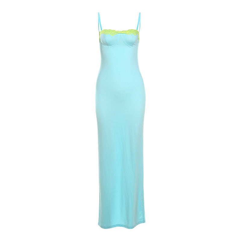 Damen Maxikleid mit Spitzenbesatz und zarten Spaghettiträgern Drune