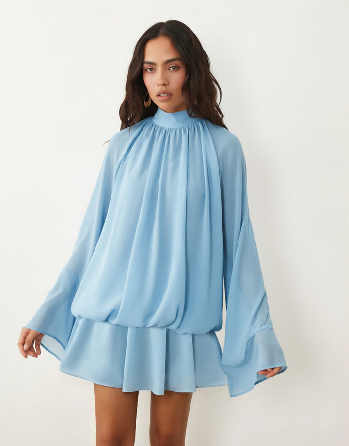 Damen Chiffon-Minikleid mit geraffter Blusentunika, Stehkragen und Volantrock Drune