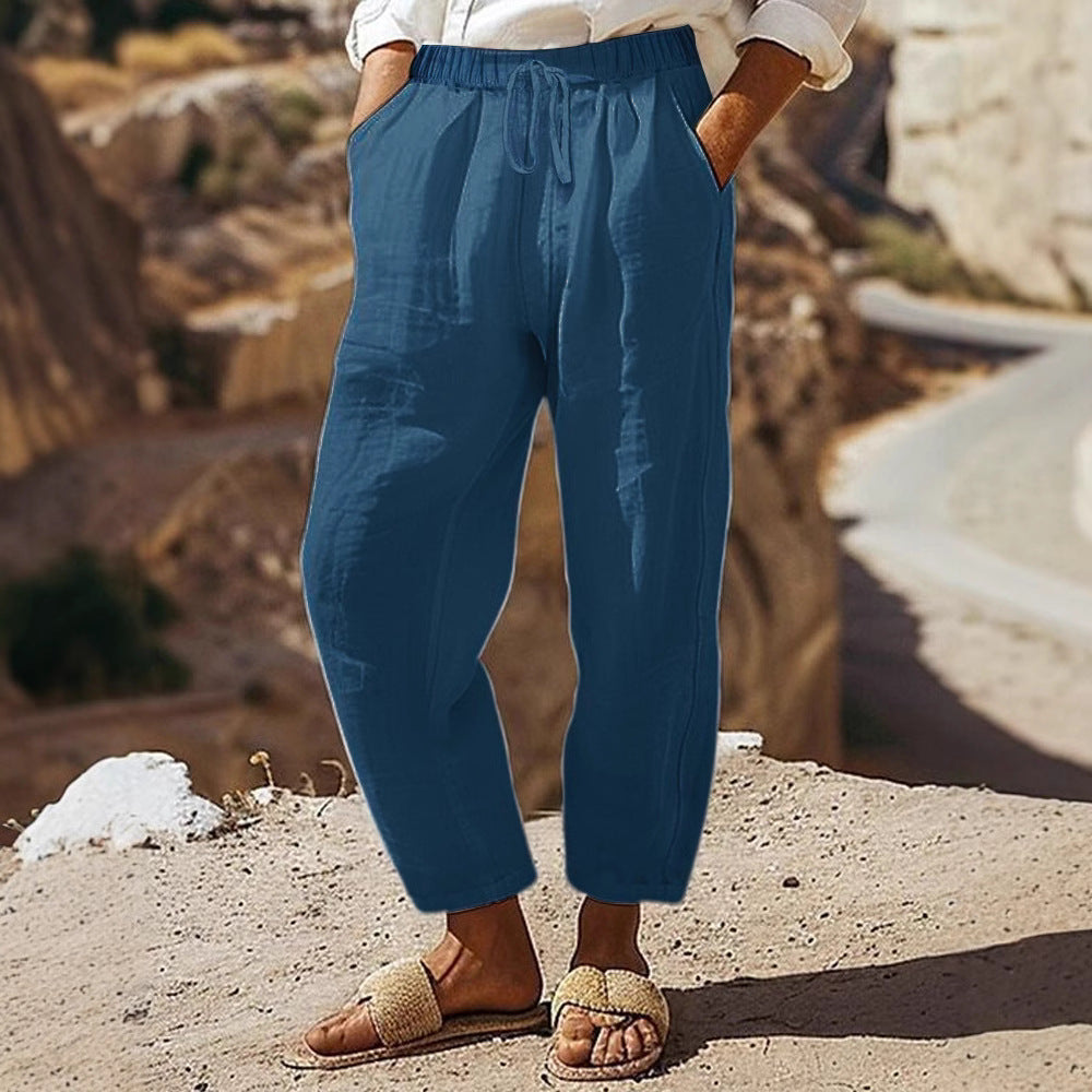 Damen Casual-Chino Leinenoptik Culotte mit elastischem Tunnelzugbund und Eingrifftaschen Drune