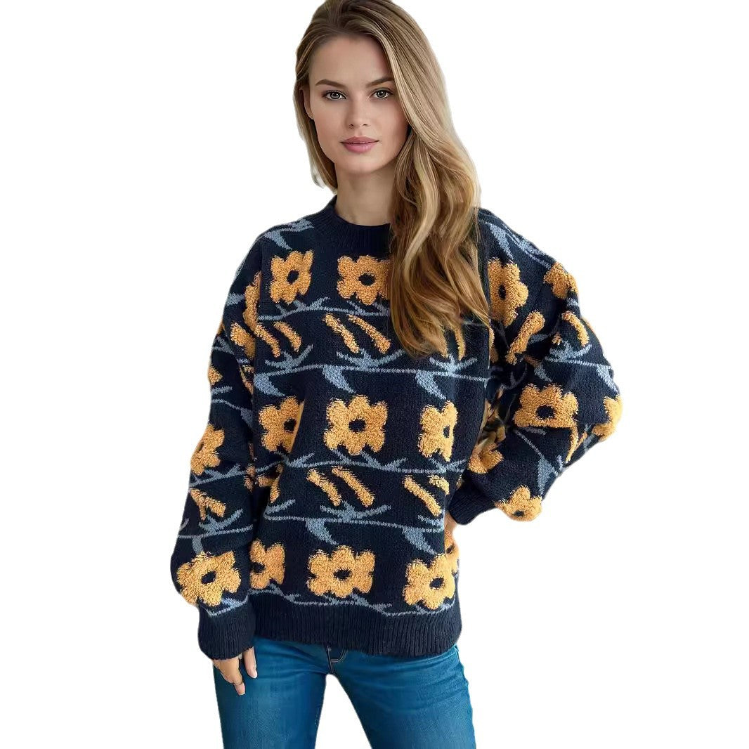 Damen Strickpullover mit floralem Muster und lässigem Schnitt Drune