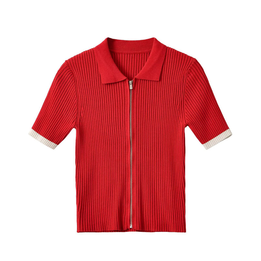 Damen Gerippte kurzärmelige Strickjacke mit durchgehendem Reißverschluss und Polokragen Drune