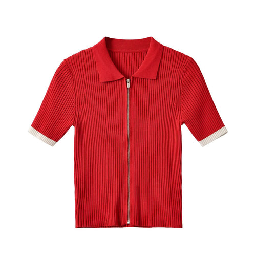 Damen Gerippte kurzärmelige Strickjacke mit durchgehendem Reißverschluss und Polokragen Drune