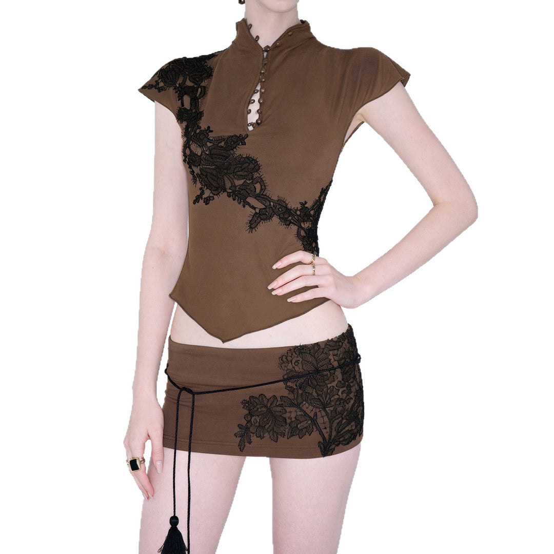 Damen Elegantes Spitzenoberteil mit modischen Knopfdetails Drune