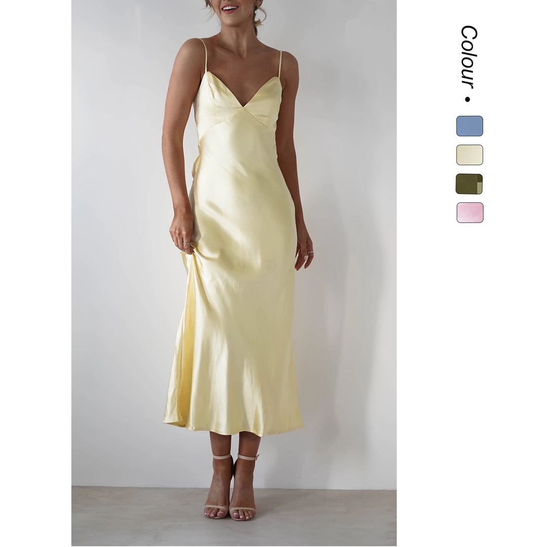 Damen Satin Maxikleid im eleganten Schnitt mit schmalen Spaghettiträgern Drune