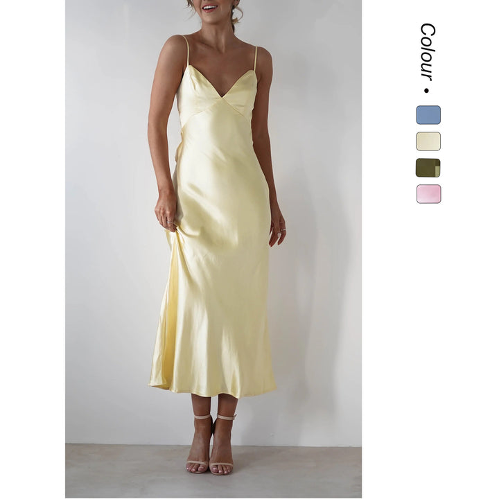 Damen Satin Maxikleid im eleganten Schnitt mit schmalen Spaghettiträgern Drune