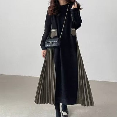 Damen Langes Oversize-Sweatkleid mit Rundhalsausschnitt, plissierten Seiteneinsätzen und Eingrifftaschen Drune