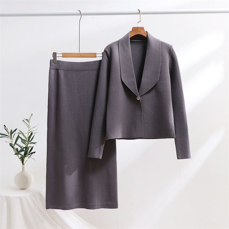 Damen elegantes Strickensemble mit Blazer und Midi-Rock Drune