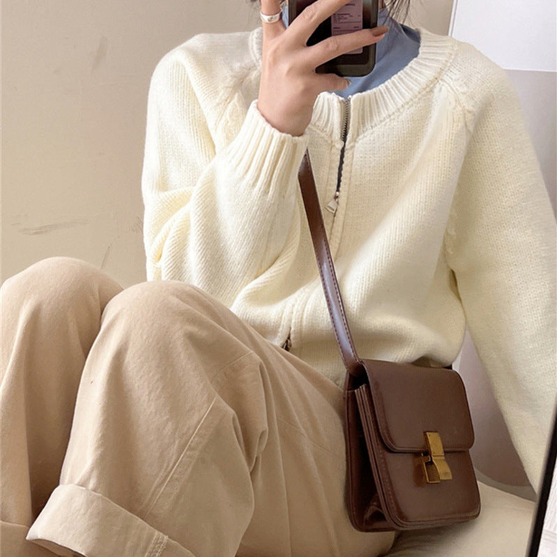 Damen Kuscheliger Cardigan mit Reißverschluss und breitem Rippabschluss Drune