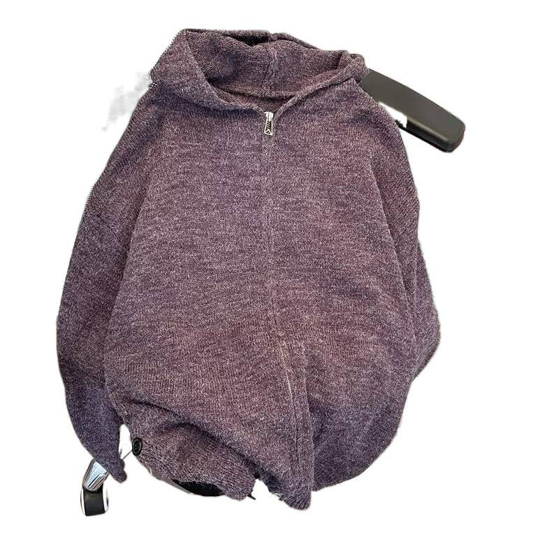 Damen weicher Strickpullover mit durchgehendem Reißverschluss und Kapuze Drune