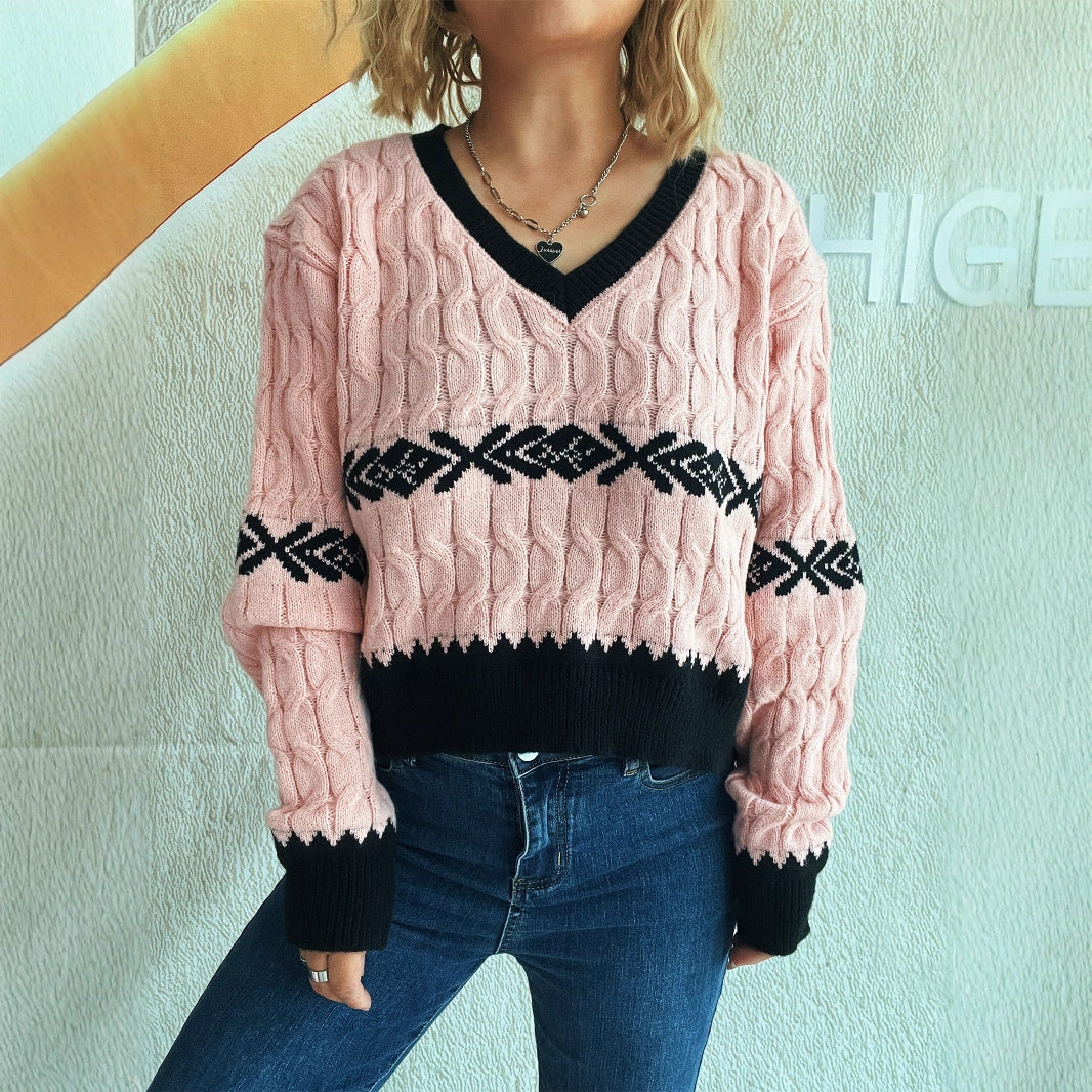 Damen lässiger Strickpullover mit modernem Zopfmuster und kontrastierenden Akzenten Drune