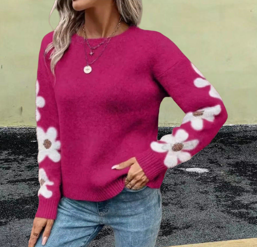 Damen Strickpullover mit floralem Muster und Rundhalsausschnitt Drune