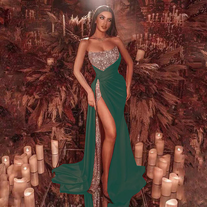 Damen Glamouröses Maxikleid mit funkelndem Oberteil und hohe Beinschlitz Drune