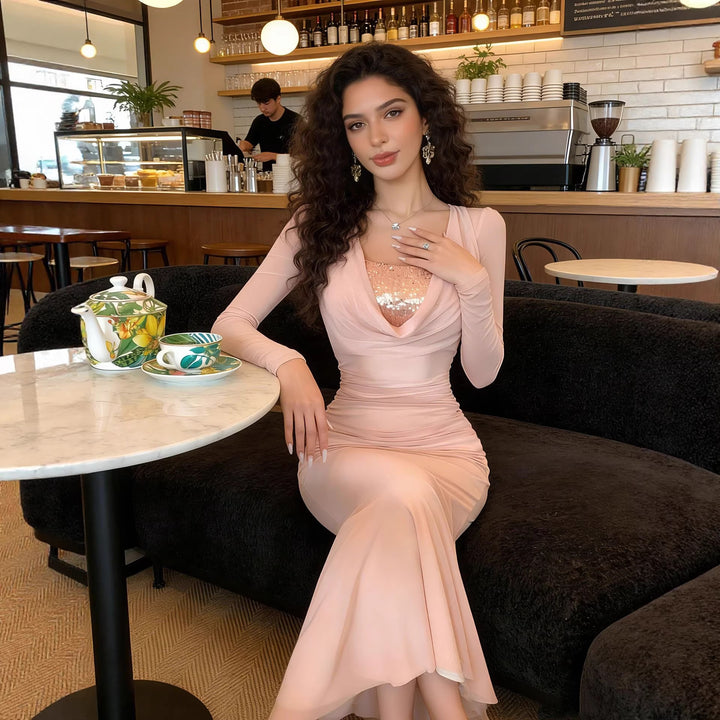 Damen schimmerndes Abendkleid im eleganten Wickelstil mit raffiniertem Ausschnitt und schwingendem Rock Drune