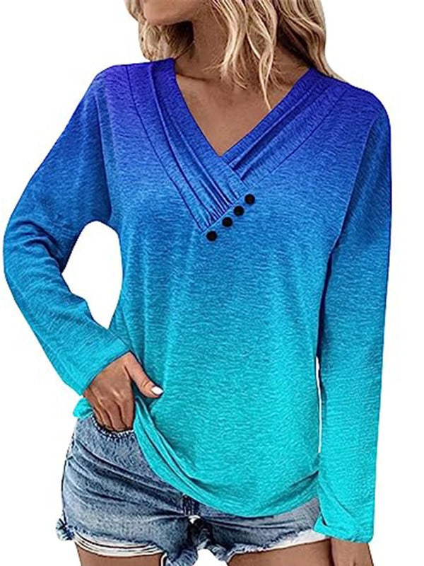 Damen Gerippter V-Ausschnitt Pullover mit Farbverlauf, Zierknöpfen und legerer Passform Drune