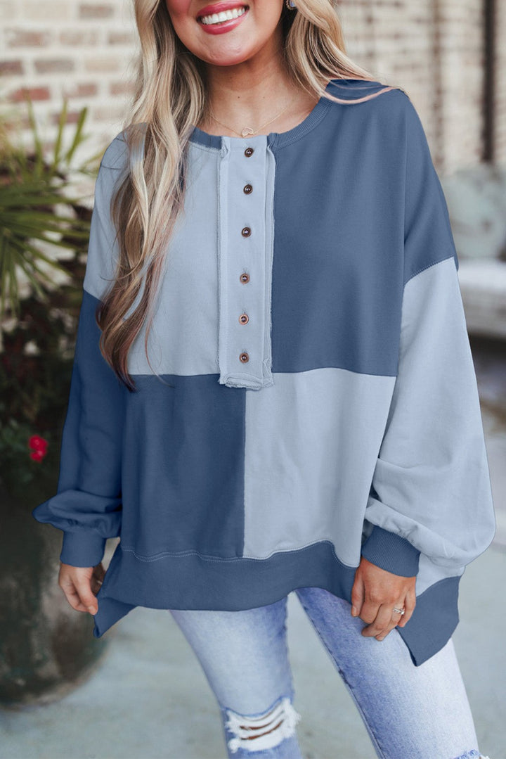 Damen Oversize-Colorblock Sweatshirt mit Henley-Knopfleiste, Ballonärmeln und geripptem Saum Drune