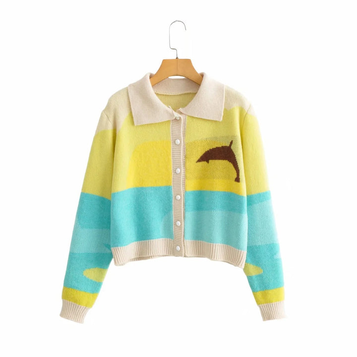 Damen trendige Strickjacke mit niedlichem Delfin-Design und knöpfbarem Kragen Drune