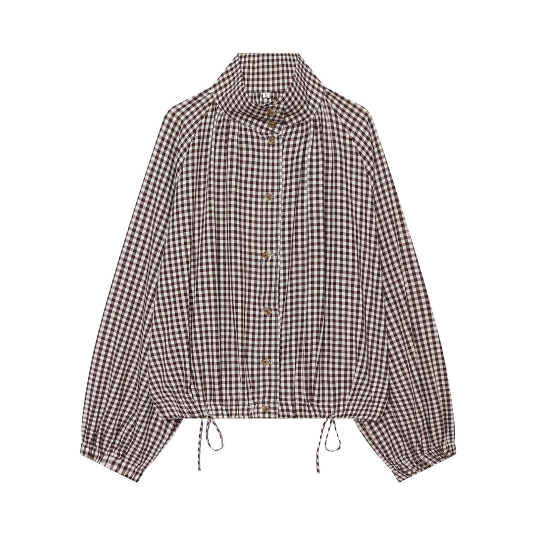 Damen Karierte Cropped‑Bluse mit Stehkragen, Tunnelzugsaum und Ballonärmeln Drune