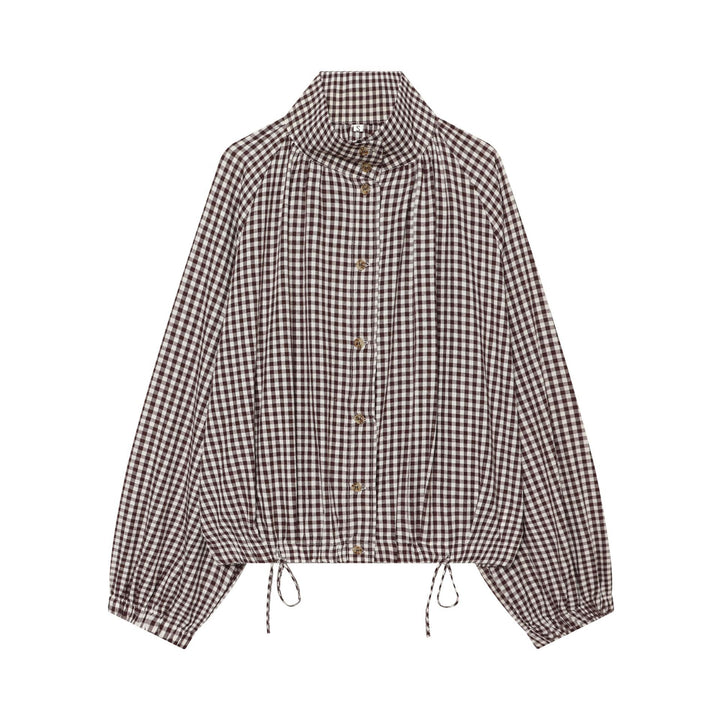 Damen Karierte Cropped‑Bluse mit Stehkragen, Tunnelzugsaum und Ballonärmeln Drune