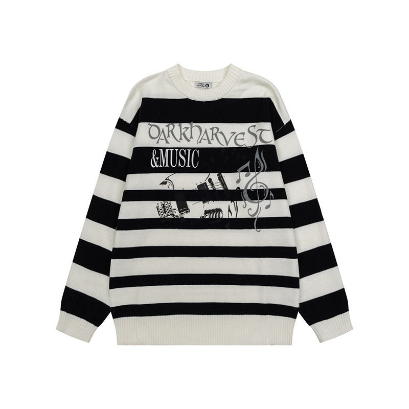 Damen Gestreifter Oversize-Strickpullover mit Rundhals und Musik-Grafik Drune