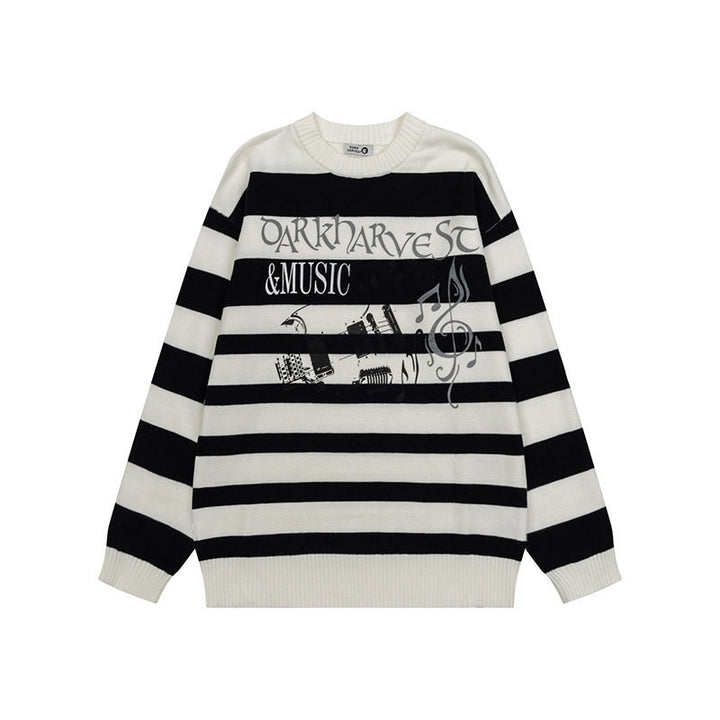Damen Gestreifter Oversize-Strickpullover mit Rundhals und Musik-Grafik Drune