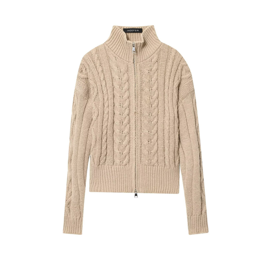 Damen Grobgestrickte Zopfstrick-Cardigan mit Stehkragen und Reißverschluss Drune