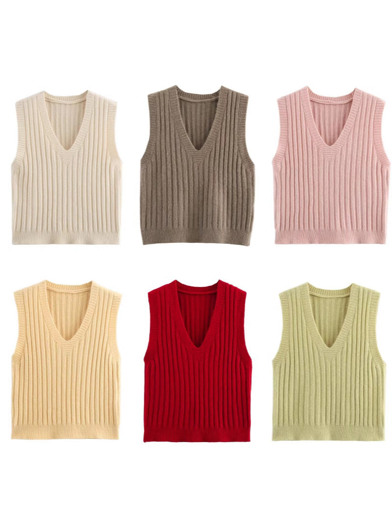 Damen V-Ausschnitt Rippenstrick Ärmelloser Pullover Drune