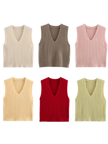 Damen V-Ausschnitt Rippenstrick Ärmelloser Pullover Drune
