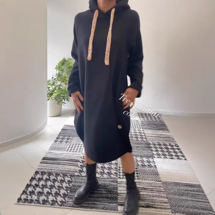 Damen Kapuzenkleid im lässigen Oversize-Stil mit glitzernden Akzenten Drune