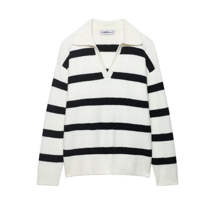 Damen Gestreifter Oversize-Pullover mit Polokragen und tiefem V-Ausschnitt Drune