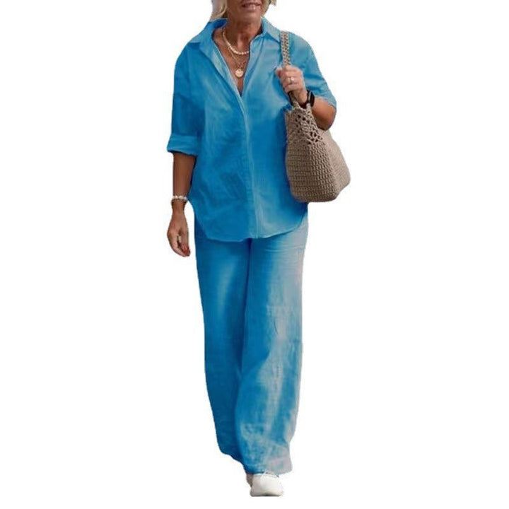 Damen Leichtes Leinen-Optik Zweiteiler mit Oversize-Hemd und weiter Palazzohose Drune
