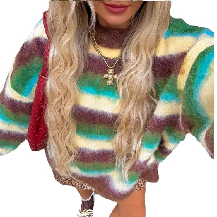 Damen Trendiger Pullover mit buntem Streifenmuster und lässigem Schnitt Drune