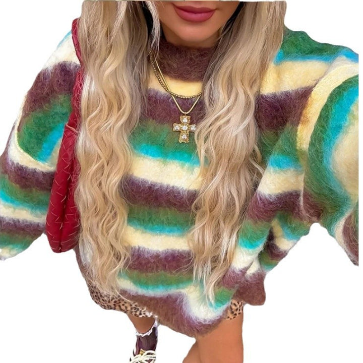 Damen Trendiger Pullover mit buntem Streifenmuster und lässigem Schnitt Drune
