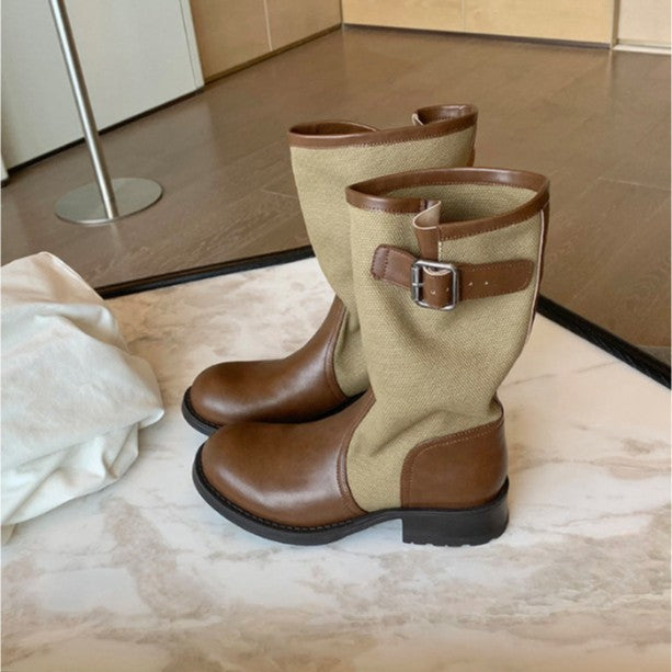 Damen Leder-Leinen Mid-Calf Stiefel mit Schnallenriemen Drune