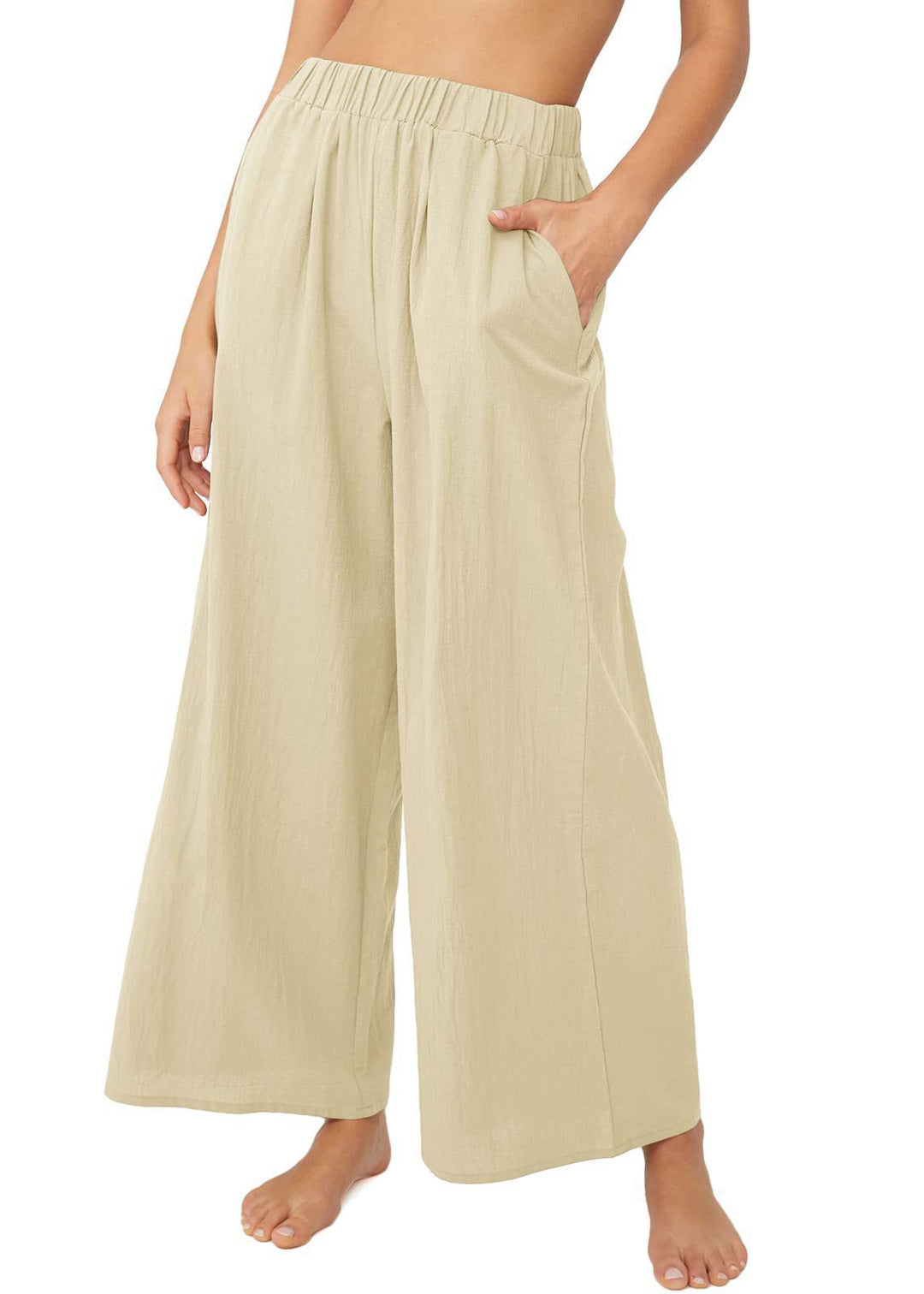 Damen Leichte Palazzo-Hose mit weitem Bein, elastischem Bund und Eingrifftaschen Drune
