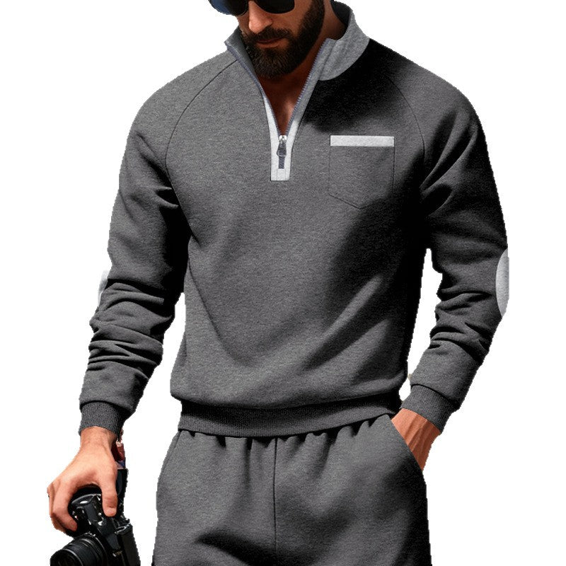 Herren nan Fleece-Quarterzip Pullover mit Brusttasche und Ellbogenpatches Drune