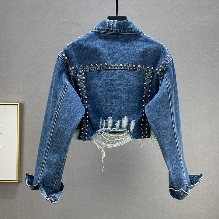 Damen Designer Denimjacke mit Nieten und Fransen Drune