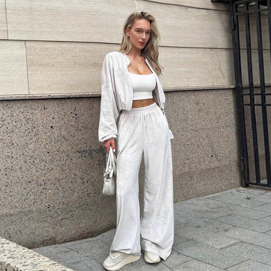 Damen lässiger Sportanzug mit cropped Jacke und weiten Hosen Drune