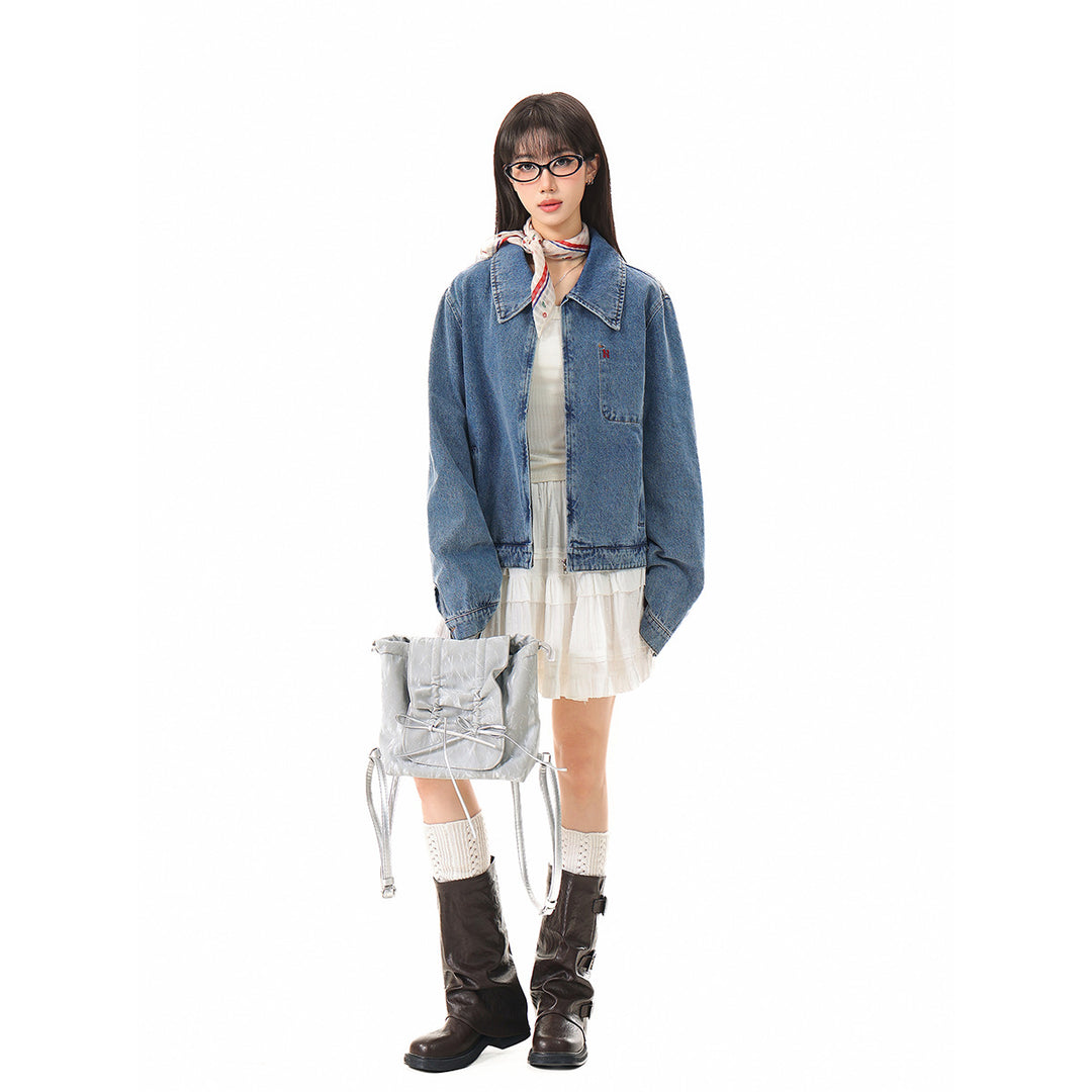 Damen Kurze Oversize-Denimjacke mit durchgehendem Reißverschluss und Brusttasche Drune