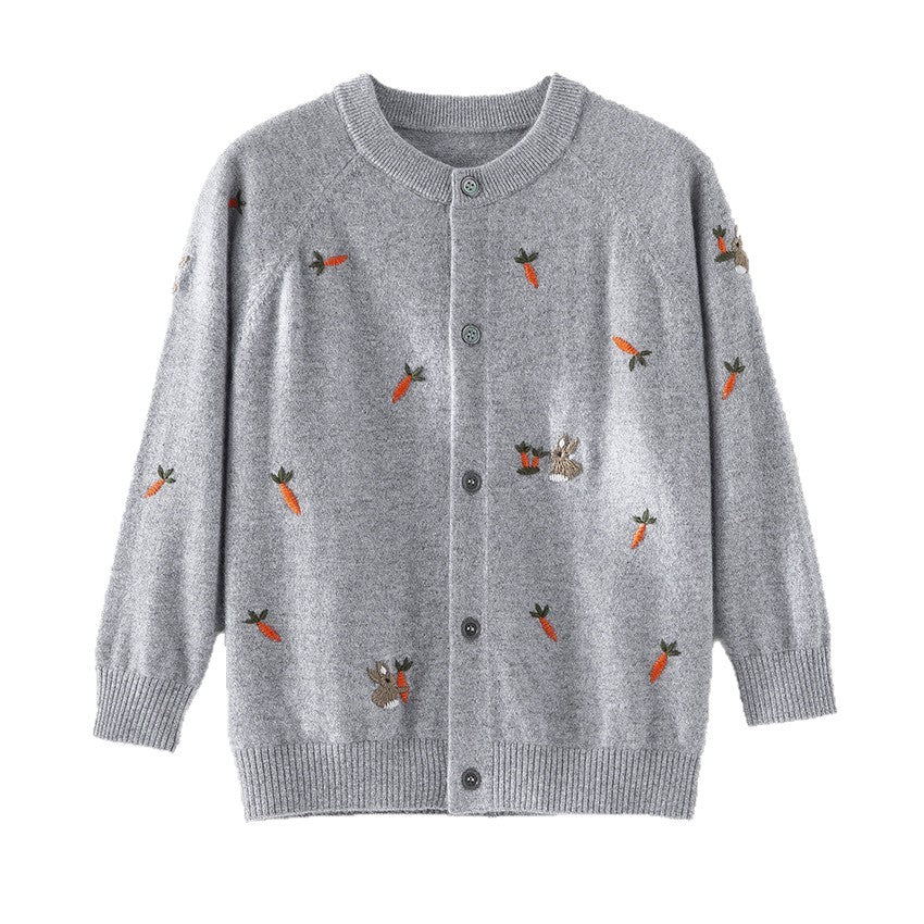 Damen Geknöpfte Feinstrick‑Cardigan mit Hasen‑ und Karottenstickerei Drune