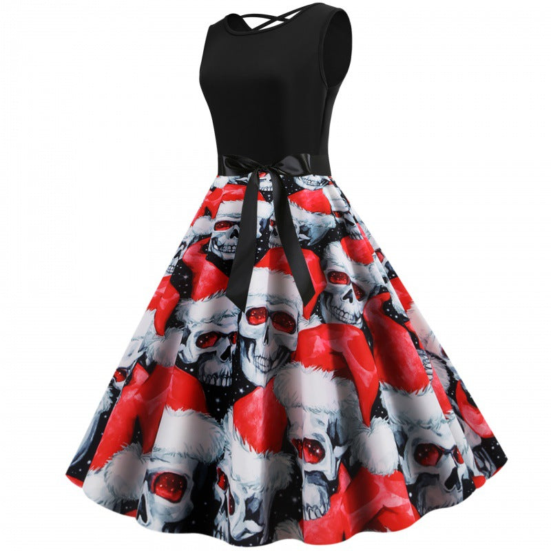 Damen Swingkleid mit kreativem Totenkopf- und Weihnachtsmotiv Drune