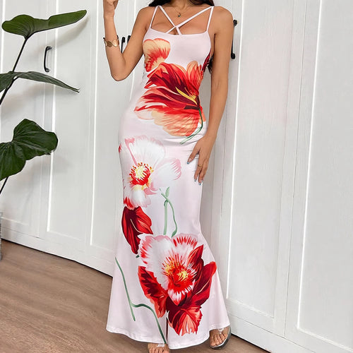 Damen Maxikleid mit elegantem Blumenmuster und zarten Spaghetti-Trägern Drune