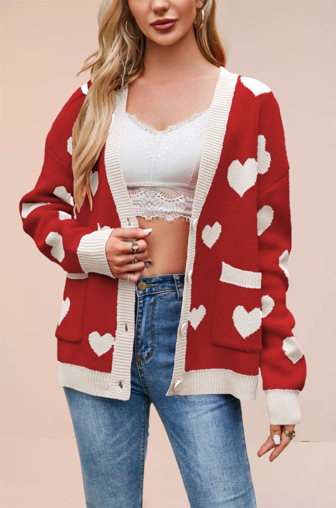 Damen Strickjacke mit Herzen Design und lässigem Schnitt Drune