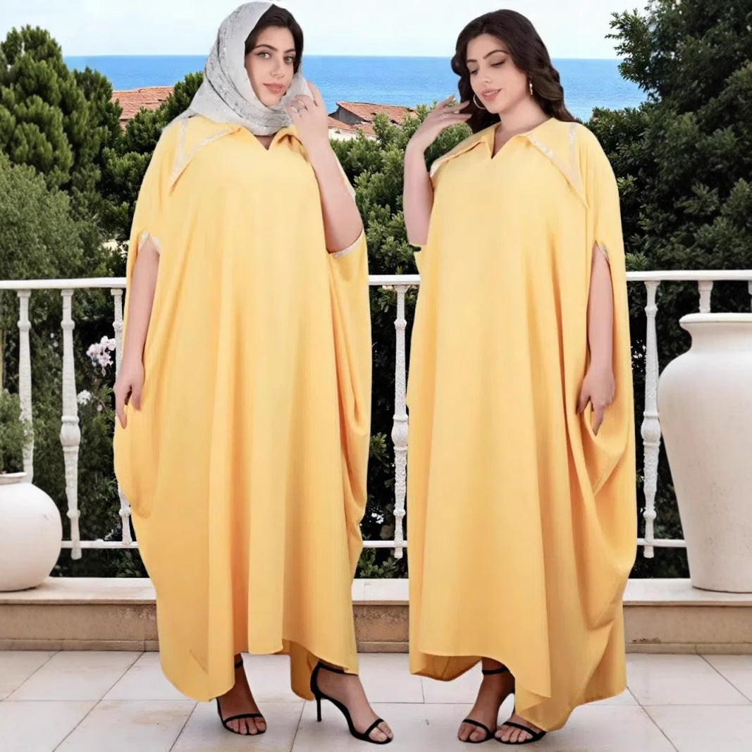 Damen Elegante locker fallende Kaftan-Maxikleid mit Schlitzärmeln und Kragen Drune
