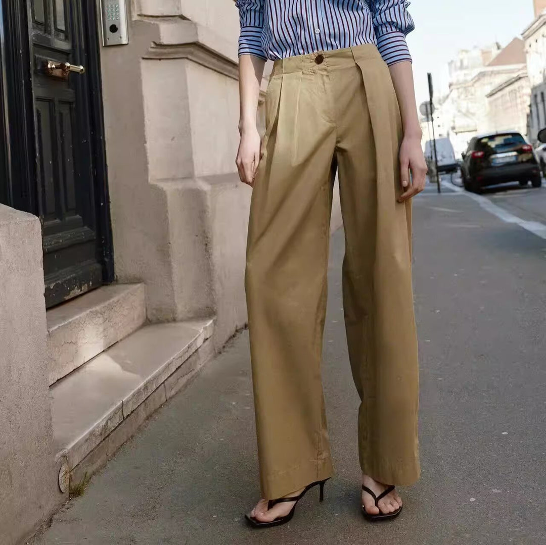 Damen Weite Bundfaltenhose mit hoher Taille und geradem Bein Drune