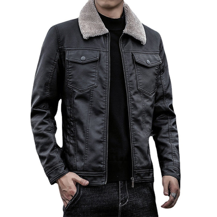 Herren Kunstleder-Truckerjacke mit wärmendem Sherpa-Kragen und Pattentaschen Drune