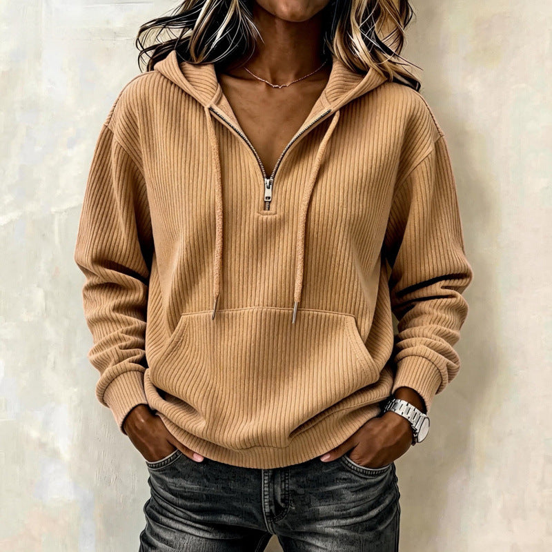 Damen lässiger Oversize Rippstrick-Kapuzenpullover mit halbem Reißverschluss Drune