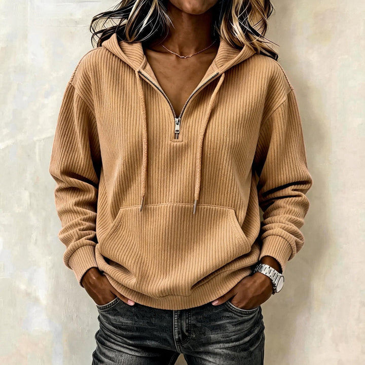 Damen lässiger Oversize Rippstrick-Kapuzenpullover mit halbem Reißverschluss Drune