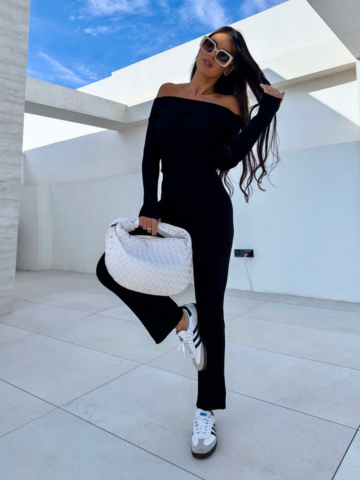 Damen elegante Knit-Jumpsuit mit schulterfreiem Design und weitem Bein Drune