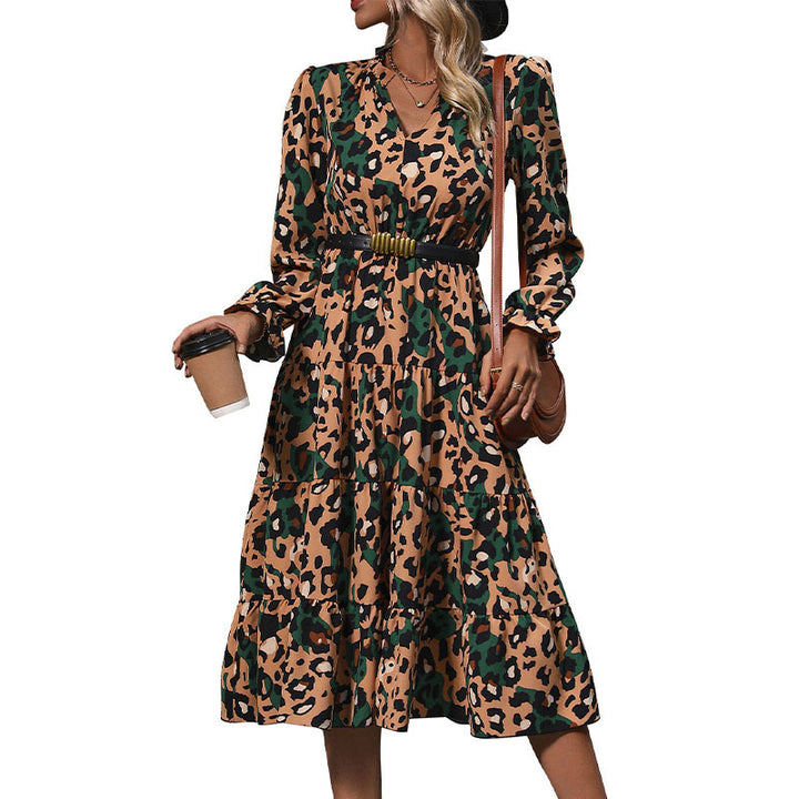 Damen Wickel-Midikleid mit Leopardenmuster, Stufenrock und elastischer Taillenpassform Drune